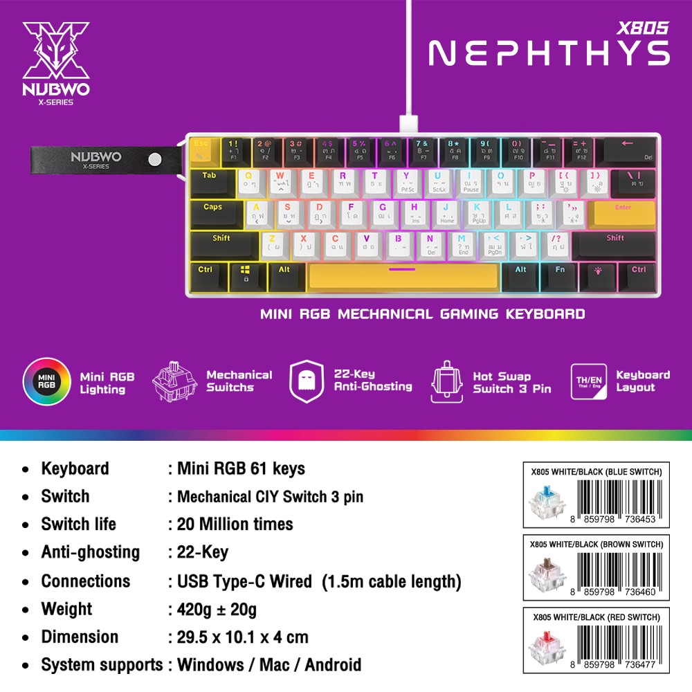 NUBWO MINI RGB KEYBOARD 61Keys เชื่อมต่อผ่านUSB-C