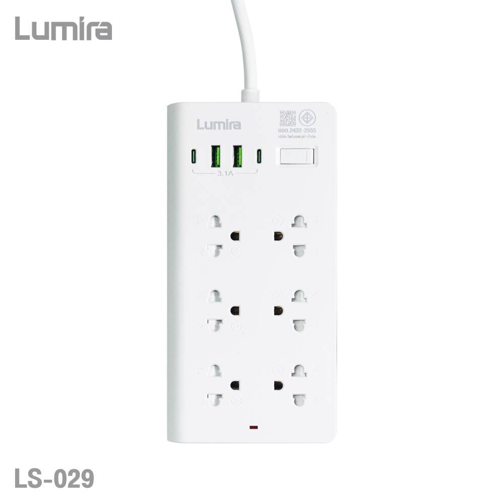 LUMIRA ปลั๊กไฟ มอก. 6ช่องเสียบ-2USB-2USB-C 1สวิทซ์ 3เมตร