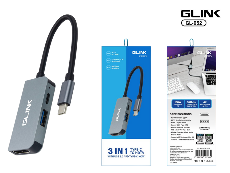 GLINK USB TYPE-C TO HDTV WITH USB 3.0 / PD TYPE-C 100W