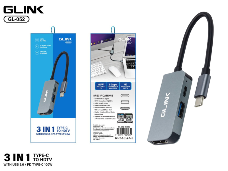 GLINK USB TYPE-C TO HDTV WITH USB 3.0 / PD TYPE-C 100W