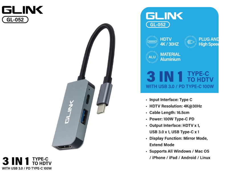 GLINK USB TYPE-C TO HDTV WITH USB 3.0 / PD TYPE-C 100W