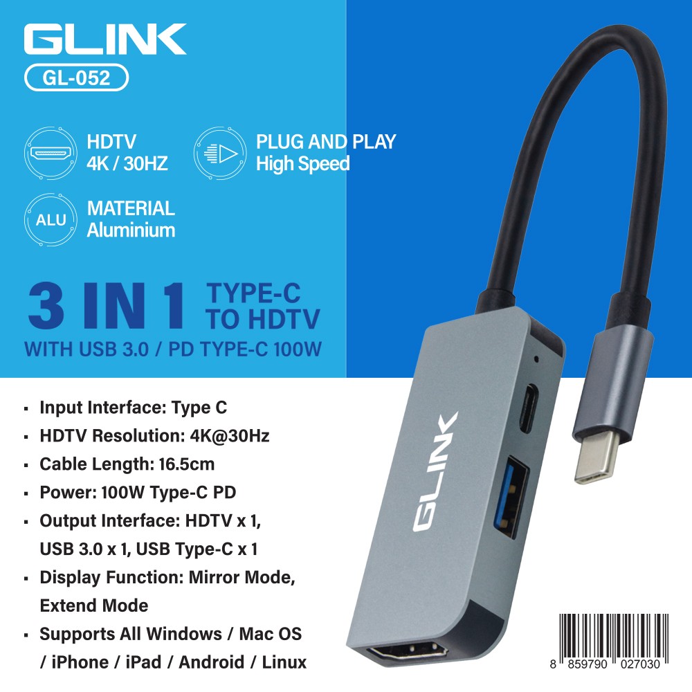 GLINK USB TYPE-C TO HDTV WITH USB 3.0 / PD TYPE-C 100W