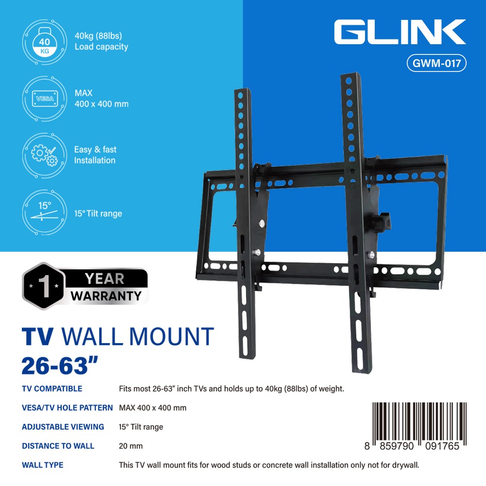 GLINK ขาแขวนจอทีวีติดผนัง จอขนาด 26-63 นิ้ว รองรับน้ำหนัก 40กิโลกรัม GLINK ขาแขวนจอทีวีติดผนัง จอขนาด 26-63 นิ้ว รองรับน้ำหนัก 40กิโลกรัม