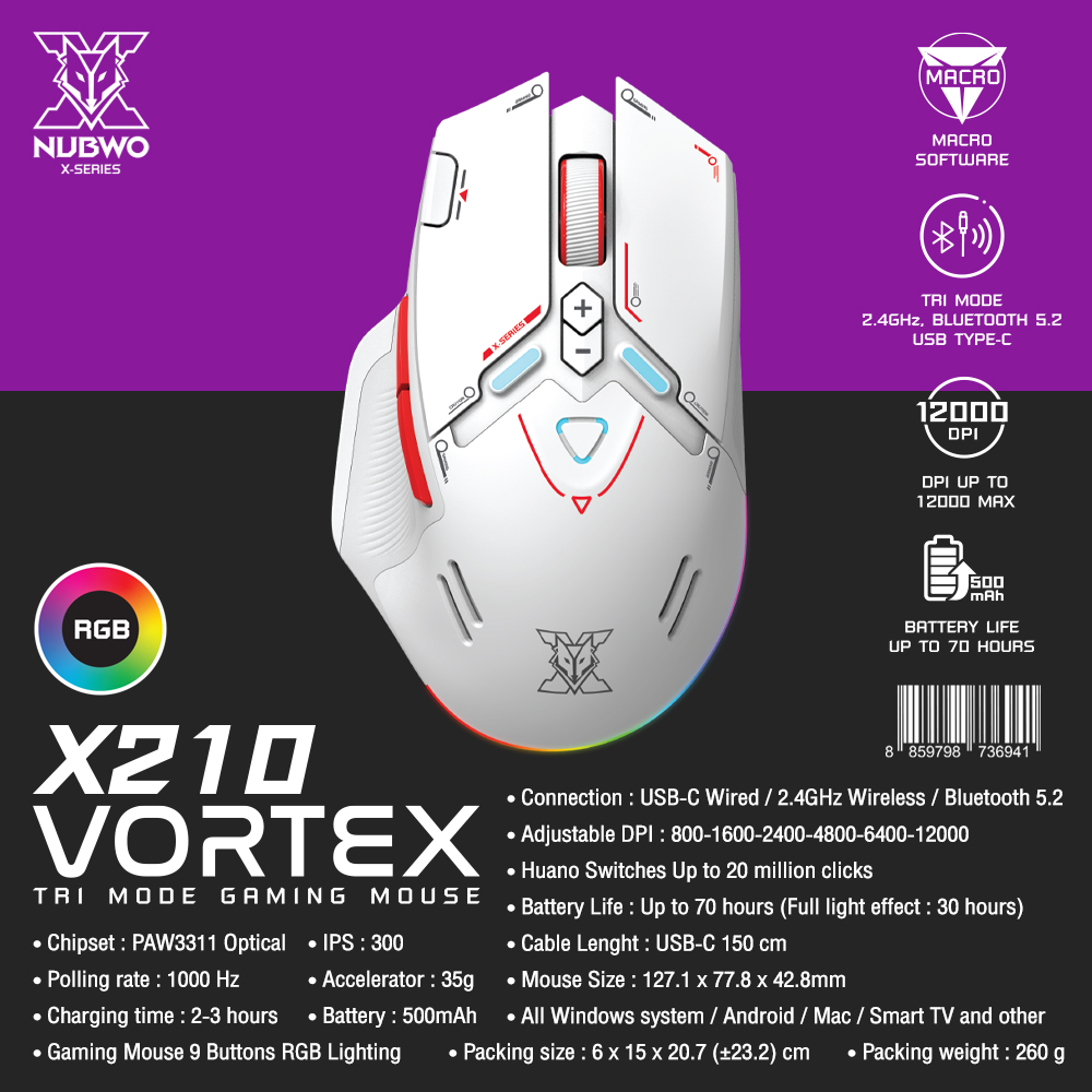 MUBWO เมาส์ไร้สาย รุ่น X210 VORTEX ที่มีปุ่มกดมากถึง 9 ปุ่ม ไฟ RGB MUBWO เมาส์ไร้สาย รุ่น X210 VORTEX ที่มีปุ่มกดมากถึง 9 ปุ่ม ไฟ RGB