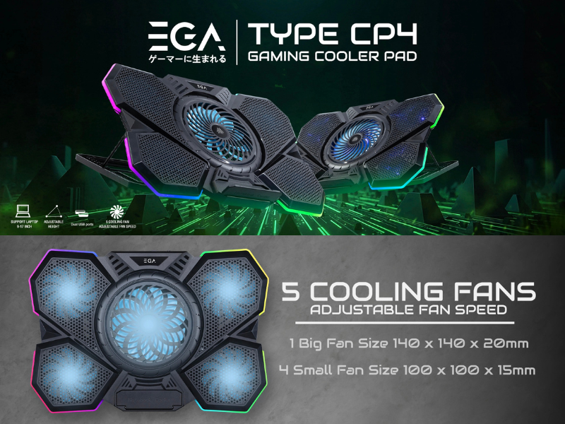 พัดลมรองระบายความร้อนโน๊ตบุ๊ค ขนาด 9-17นิ้ว ยี่ห้อEVG รุ่น TYPE CP4