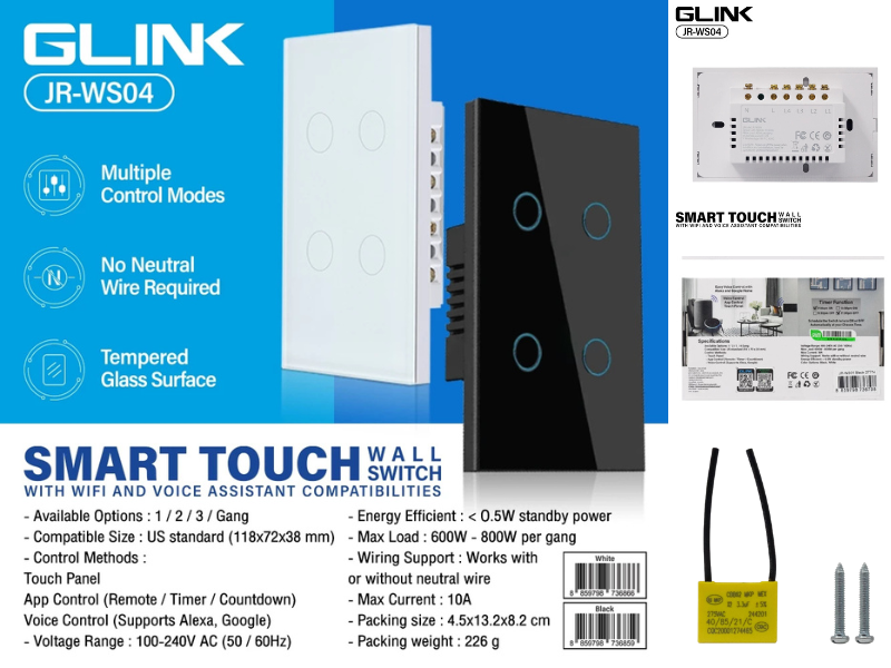 GLINK Smart Touch Wall Switch สวิทช์ไฟสมาร์ททัช ตั้งเวลาปิด เปิดได้ แบบ 4ช่อง
