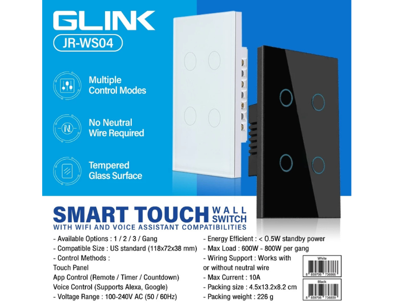 GLINK Smart Touch Wall Switch สวิทช์ไฟสมาร์ททัช ตั้งเวลาปิด เปิดได้ แบบ 4ช่อง