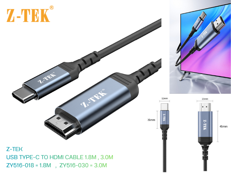 Z-TEK USB TYPE-C TO HDMI CABLE สายยาว 3เมตร 4K