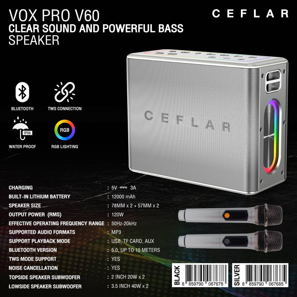 CEFLAR VOX PRO V60 ตู้ลำโพงบลูทูธ พร้อมไมโครโฟนไร้สาย