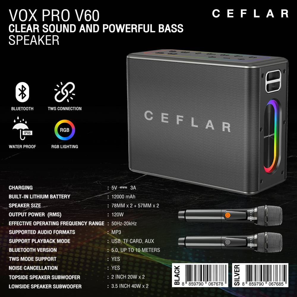 CEFLAR VOX PRO V60 ตู้ลำโพงบลูทูธ พร้อมไมโครโฟนไร้สาย