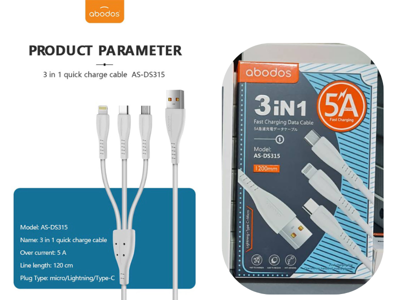 สายชาร์จมือถือแบบ 3-IN-1 ชาร์จได้ 3แบบ ยี่ห้อ abodos รุ่น AS-DS315