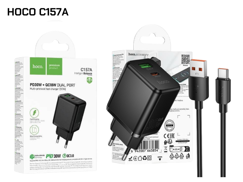 ชุดชาร์จมือถือพร้อมสายชาร์จ PD 30W+ QC3.0 ยี่ห้อ hoco รุ่น C157A