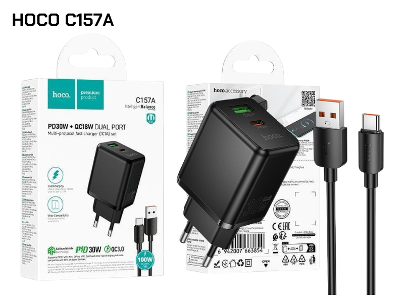 ชุดชาร์จมือถือพร้อมสายชาร์จ PD 30W+ QC3.0 ยี่ห้อ hoco รุ่น C157A