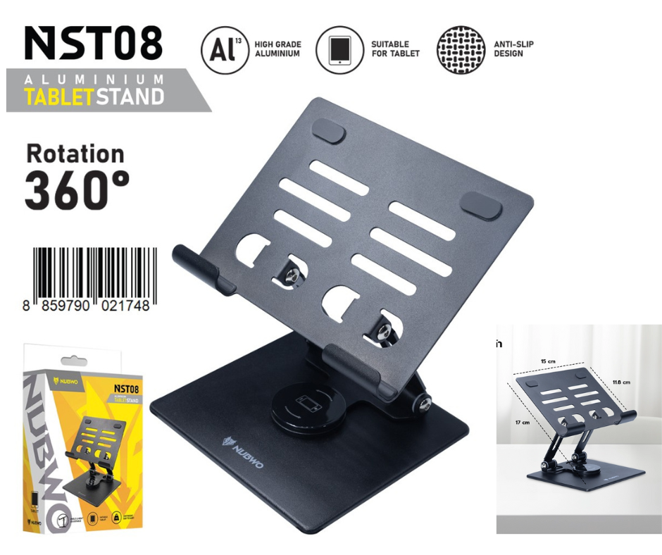 เเท่นวางเเท็บเล็ต รุ่น NST08 มีทั้งหมด 2 สี ดำและเงิน วัสดุเป็น Aluminium