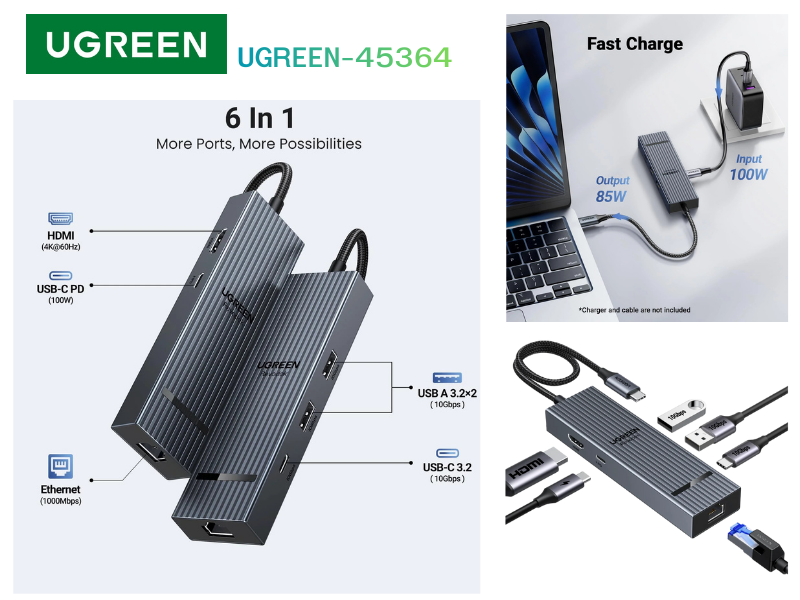 UGREEN CM828 (45364) Revodok 6-IN-1 USB-C Hub Ethernet, 4K@60Hz HDMI Display
