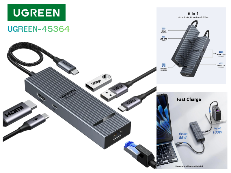 UGREEN CM828 (45364) Revodok 6-IN-1 USB-C Hub Ethernet, 4K@60Hz HDMI Display