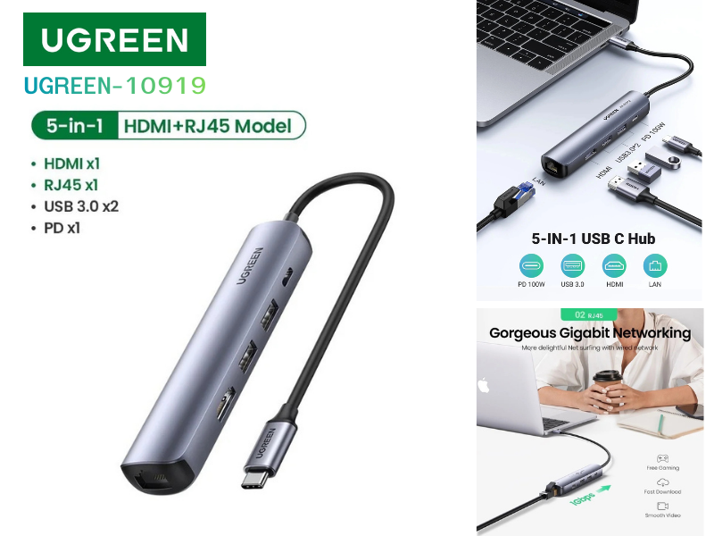 UGREEN 10919 ULTRA SLIM 5-IN-1 USB C HUB WITH ETHERNET AND HDMI