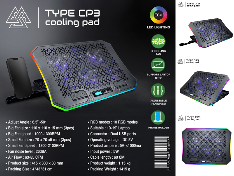 EGA COOLER PAD พัดลมรองโน้ตบุ๊ค พัดลม 6 ตัว ไฟ LED ตกแต่งไฟ RGB 10 โหมด