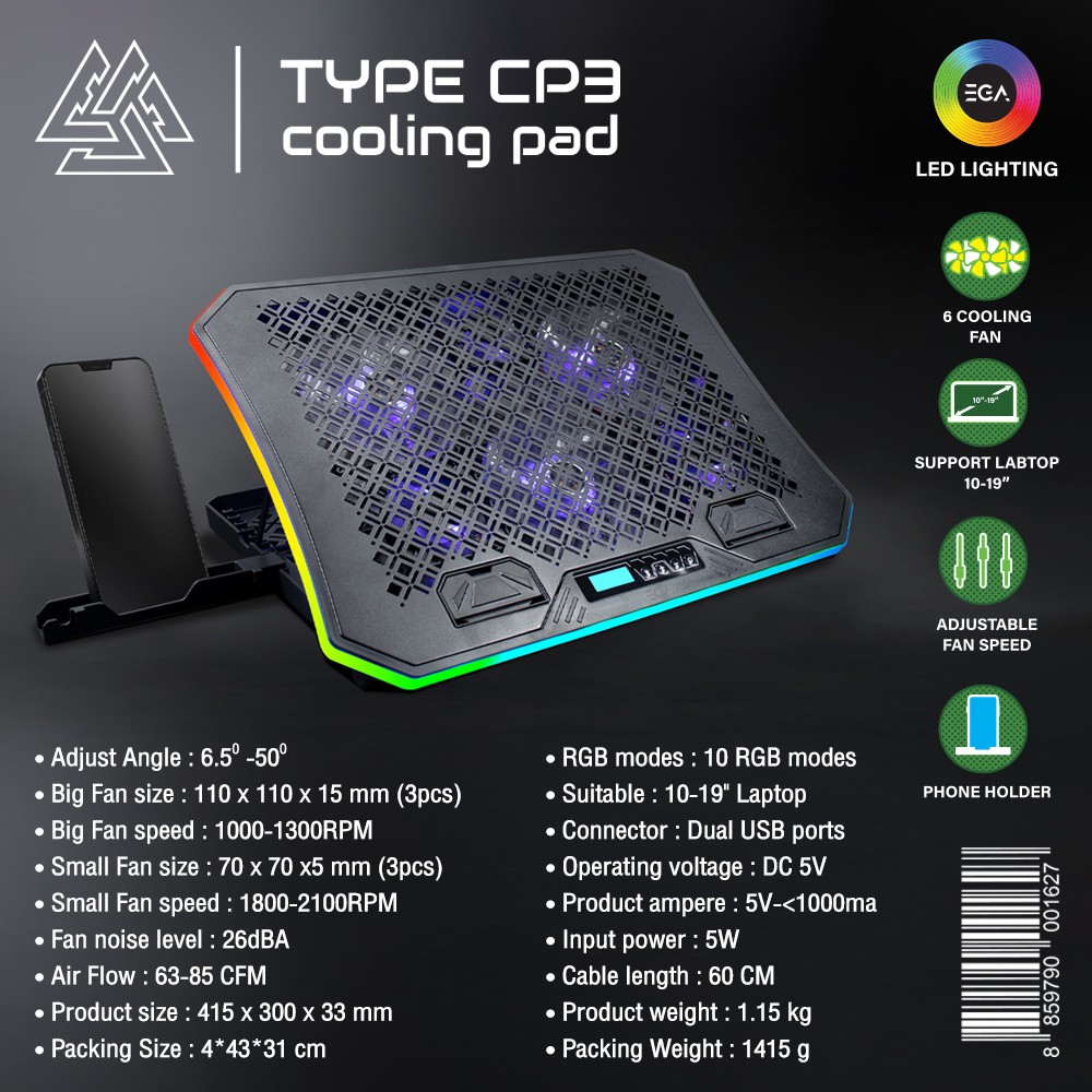 EGA COOLER PAD พัดลมรองโน้ตบุ๊ค พัดลม 6 ตัว ไฟ LED ตกแต่งไฟ RGB 10 โหมด