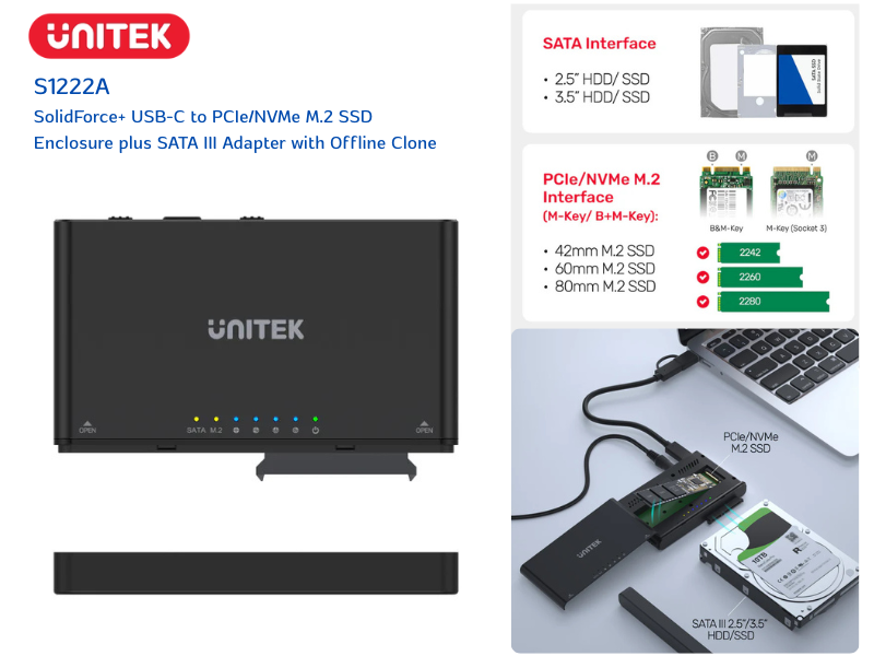 SolidForce+ USB-C to PCIe/NVMe M.2 SSD Enclosure plus SATA III Adapter with Offline Clone