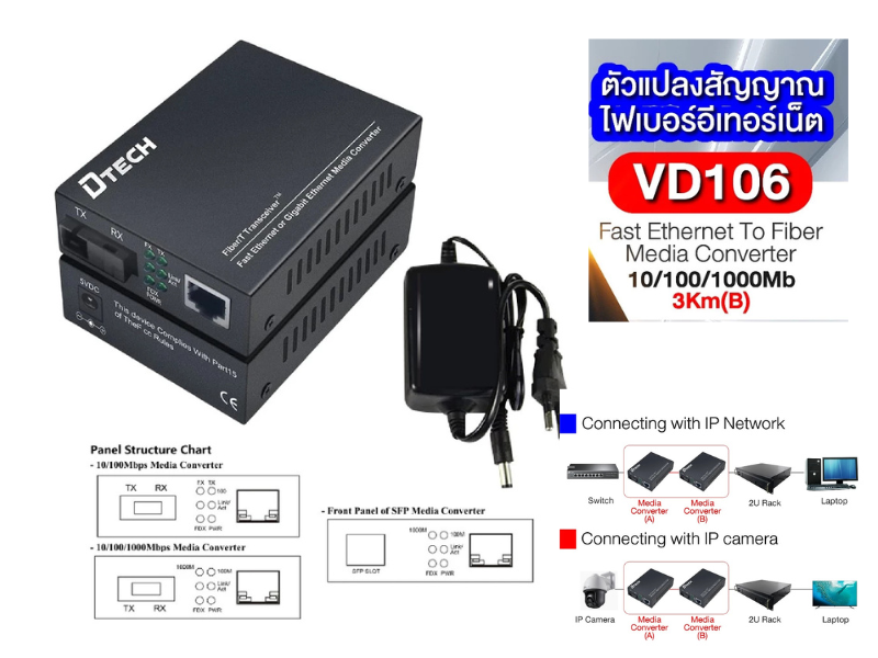 Dtech Media Converter รุ่น VD106 Fast Ethernet To Fiber Media Converter 3Km
