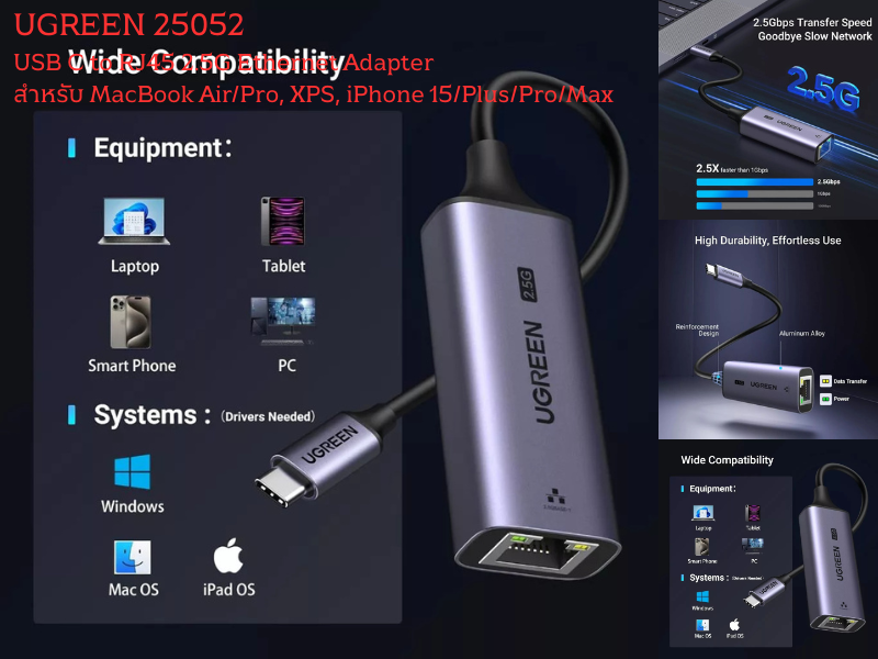 UGREEN USB-C to RJ45 2.5G Ethernet Adapter สำหรับ MacBook Air/Pro, XPS, iPhone 15/Plus/Pro/Max