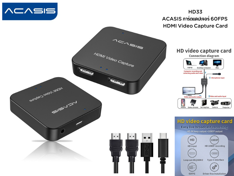 ACASIS การ์ดแคปเจอร์ 60FPS HDMI Video Capture Card 1080P