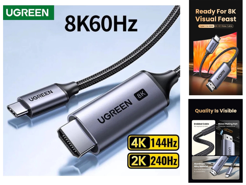 UGREEN USB-C to HDMI 8K@60Hz สำหรับเชื่อมต่อคอมพิวเตอร์ แล็ปท็อป โทรศัพท์เข้ากับทีวี