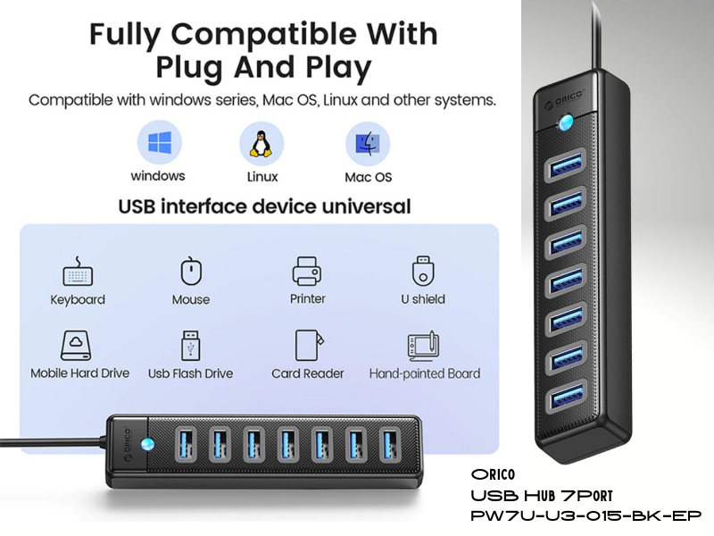 ORICO USB3.0 Hub 7 Ports Black Model. PW7U-U3-015-BK-EP