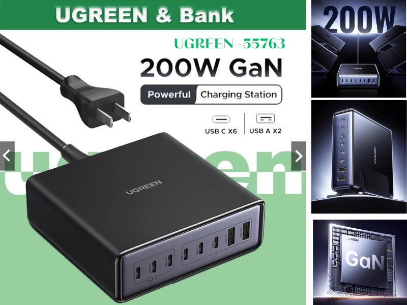 UGREEN 200w อะแดปเตอร์ชาร์จแล็ปท็อป USB C 8 พอร์ต GaN PD สําหรับ MacBook Pro Air iPad Pro Mini