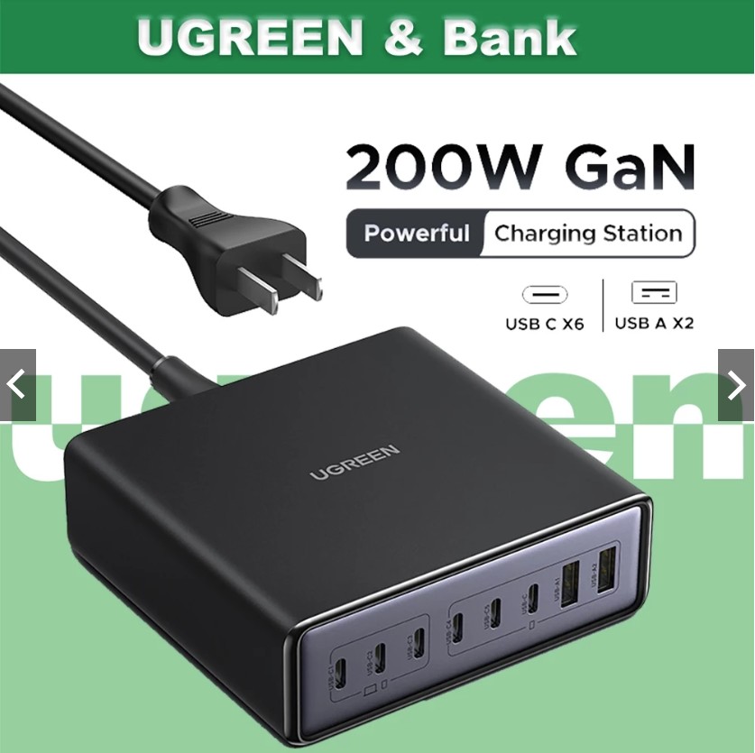 UGREEN 200w อะแดปเตอร์ชาร์จแล็ปท็อป USB C 8 พอร์ต GaN PD สําหรับ MacBook Pro Air iPad Pro Mini