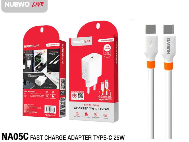 ADAPTER CHARGER MOBILE 25W พร้อมสายชาร์จ ยี่ห้อNUBWO รุ่นNA05C