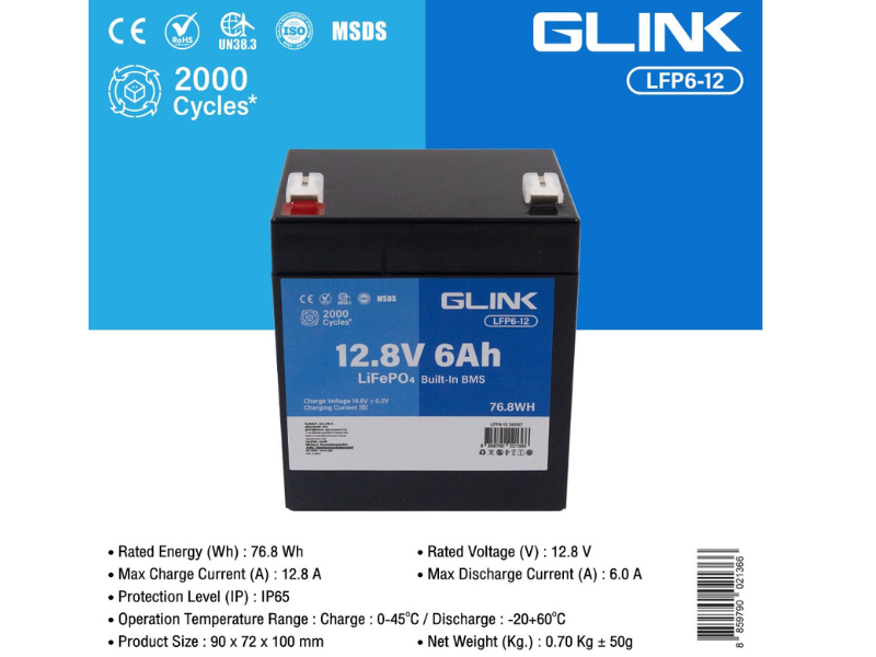 GLINK Battery UPS LiFePO4 Built-In BMS รุ่น LFP6-12 (12.8V 6Ah)
