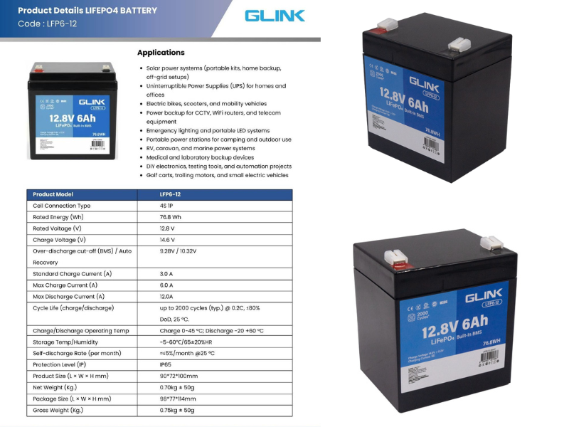 GLINK Battery UPS LiFePO4 Built-In BMS รุ่น LFP6-12 (12.8V 6Ah)