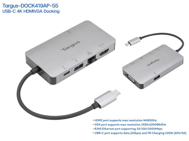 TARGUS USB-C 4K HDMI/VGA DOCKING STATION WITH 100W K W/ PD USB-C
