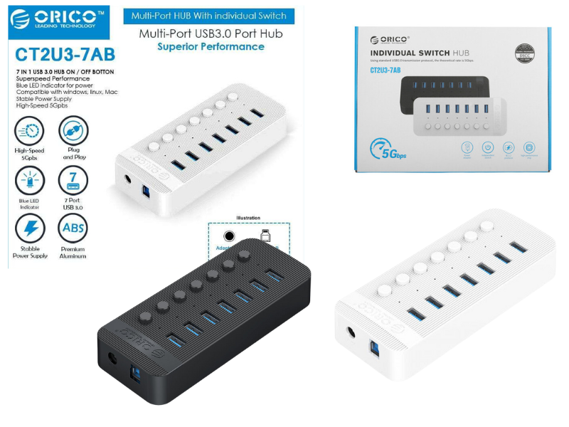 ORICO CT2U3-7AB USB Hub 7 พอร์ต ที่มาพร้อมสวิตช์เปิด-ปิดแยกแต่ละช่อง