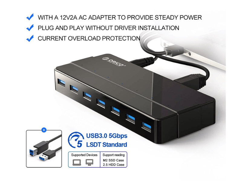 ORICO H7928-U3 HUB USB 3.0 แบบตั้งโต๊ะที่มาพร้อมอะแดปเตอร์ไฟ 12V