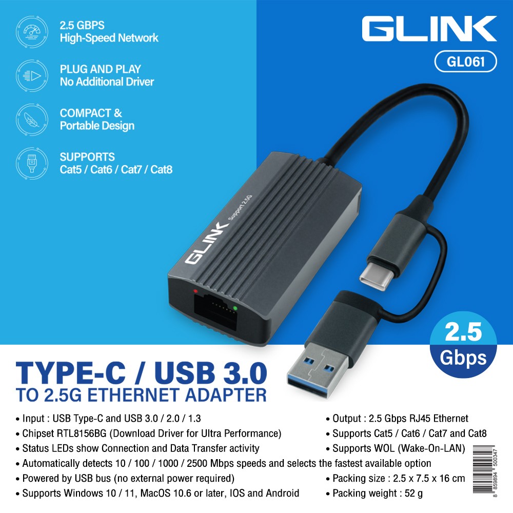 GLINK USB TYPE-C + ADAPTER USB3.0 TO LAN 2.5G ETHERNET