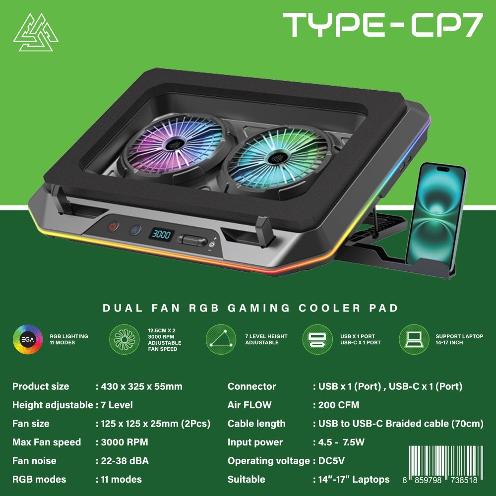 EGA พัดลมระบายความร้อนสำหรับโน้ตบุ๊ก รองรับขนาด 9-17 นิ้ว