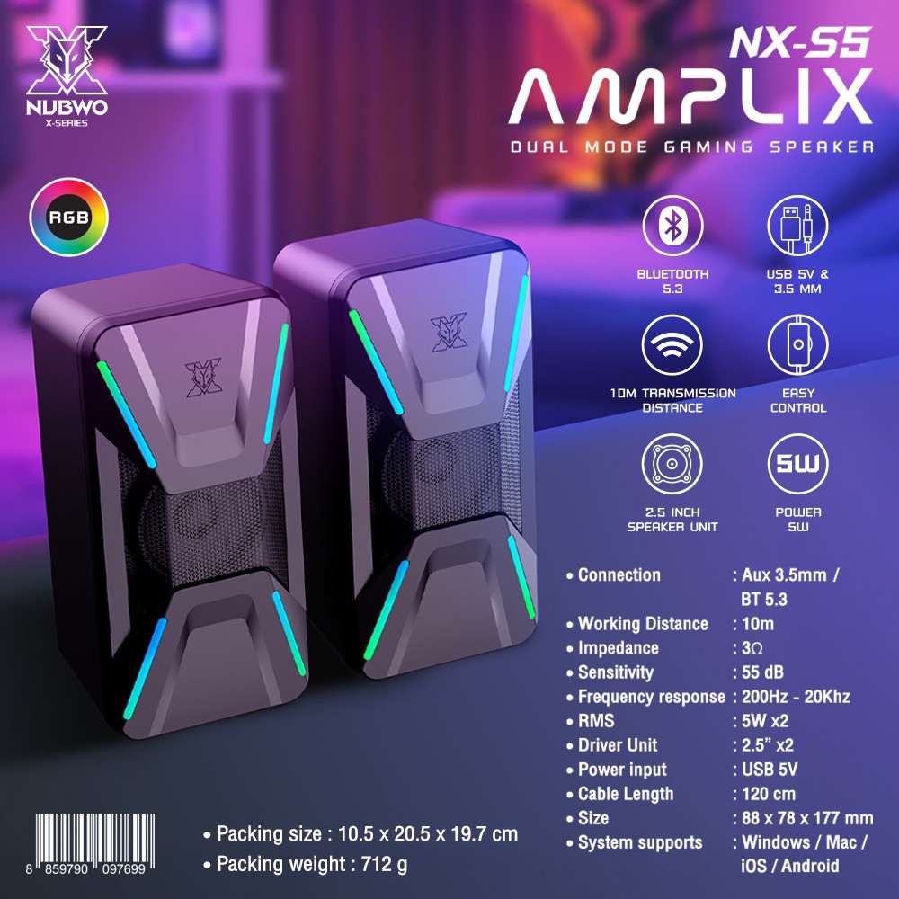 DUAL MODE GAMING SPEAKER RGB BLUETOOTH 5.3 USB 5V & 3.5 MM