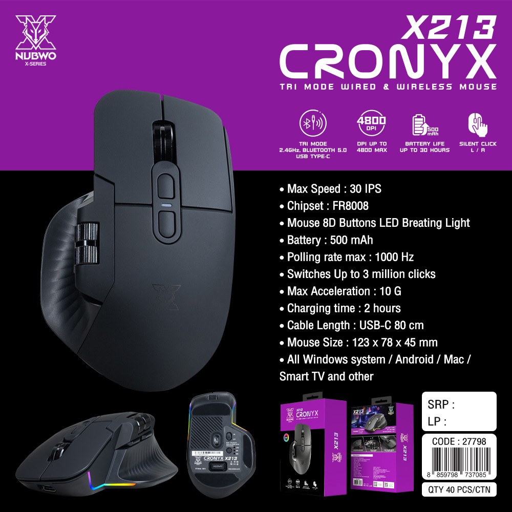 NUBWO X213 CRONYX Tri Mode Mouse เมาส์ไร้สาย เสียงเงียบ
