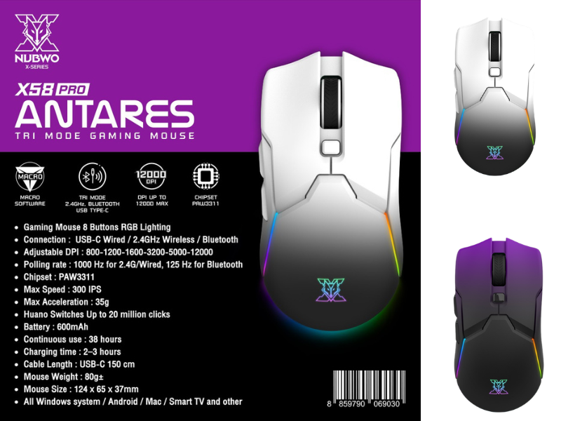 Nubwo เมาส์เกมมิ่ง Tri Mode Gaming Mouse เชื่อมต่อ 3 แบบ USB-C/2.4GHz/Bluetooth