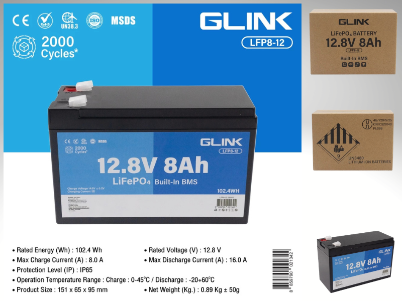 GLINK LFP8-12 Battery LiFePO4 12.8V-8A Built-In BMS แบตเตอรี่ มีระบบ BMS ในตัว