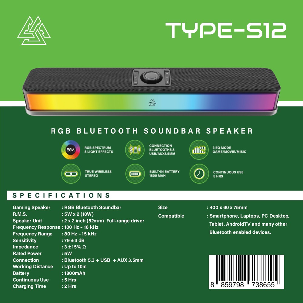 EGA TYPE-S12 ซาวด์บาร์ RGB ดีไซน์ทันสมัย ไฟ 8 โหมด รองรับบลูทูธ 5.3 และ AUX
