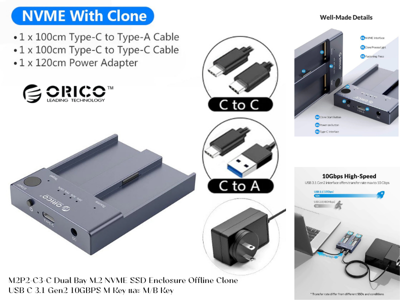 Dual Bay M.2 NVME SSD Enclosure Offline Clone USB C 3.1 Gen2 10GBPS
