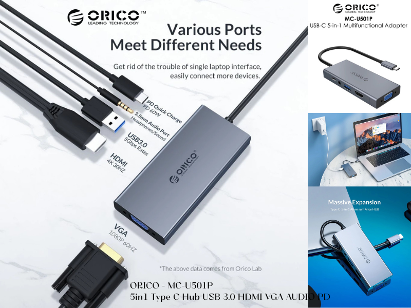 ORICO - 5in1 Type C Hub USB 3.0 HDMI VGA AUDIO PD - MC-U501P