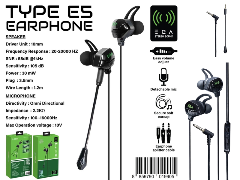 EGA TYPE E5 IN EAR Earphone Gaming หูฟัง In ear เหมาะสำหรับเล่นเกมส์ใช้งานง่าย