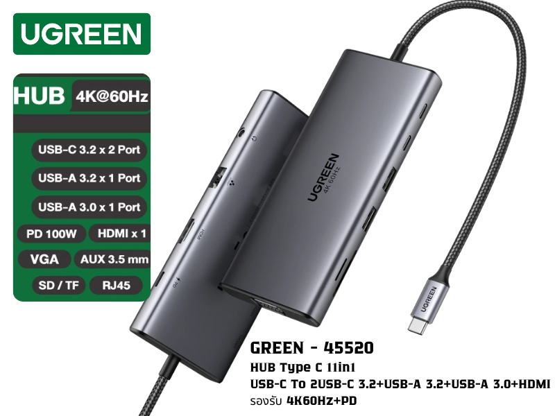 UGREEN อะแดปเตอร์ HUB Type C 11in1 USB-C To 2USB-C 3.2+USB-A 3.2+USB-A 3.0+HDMI