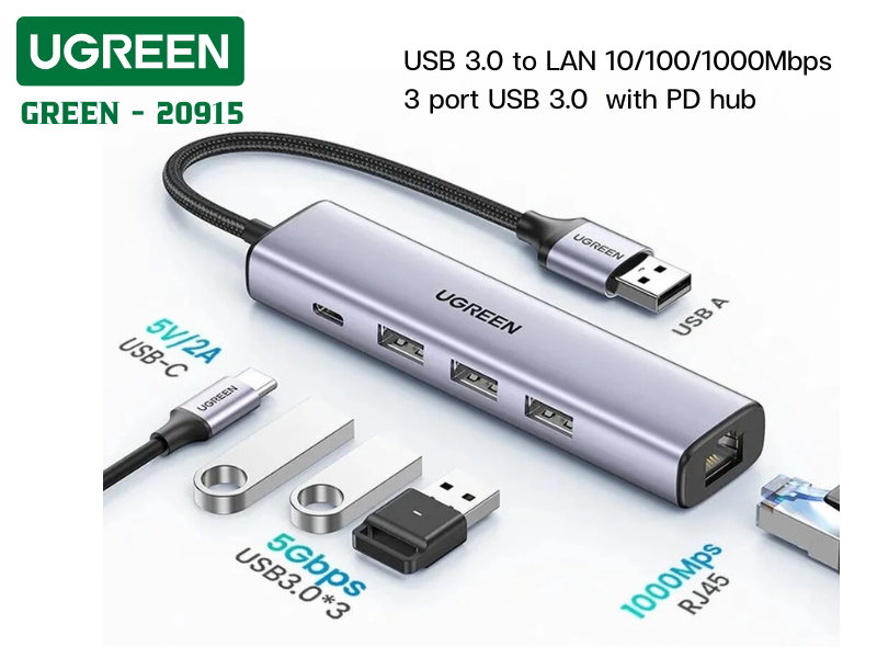 UGREEN USB 3.0 to LAN 10/100/1000Mbps + 3 port USB 3.0 with PD hub