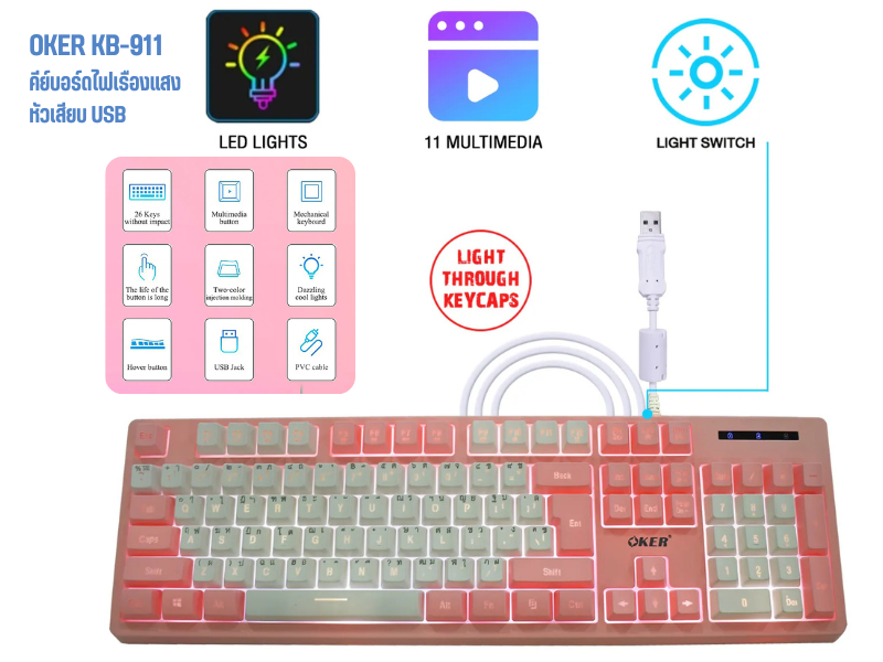 OKER GAMING KEYBOARD ROSE PINK BACKLIT GAMING KEYBOARD KB-911